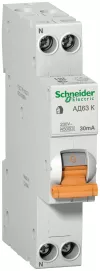 Автоматический выключатель дифференциального тока (АВДТ) Schneider Electric Domovoy, 32A, 30mA, тип AC, кривая отключения C, 2 полюса, 4,5kA, электронного типа, ширина 1 модуль DIN