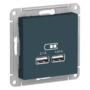 Розетка usb для зарядки Schneider Electric Atlas Design, с двумя разъёмами типа А, на винтах, изумруд