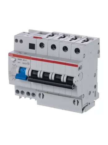 Автоматический выключатель дифференциального тока (АВДТ) ABB DS204, 10A, 30mA, тип AC, кривая отключения B, 4 полюса, 6kA, электро-механического типа, ширина 8 модулей DIN