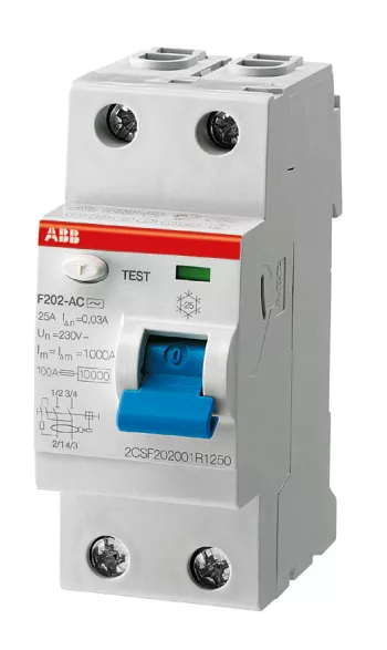 Устройство защитного отключения (УЗО) ABB F200, 2 полюса, 100A, 1000 mA, тип AC, электро-механическое, ширина 2 DIN-модуля